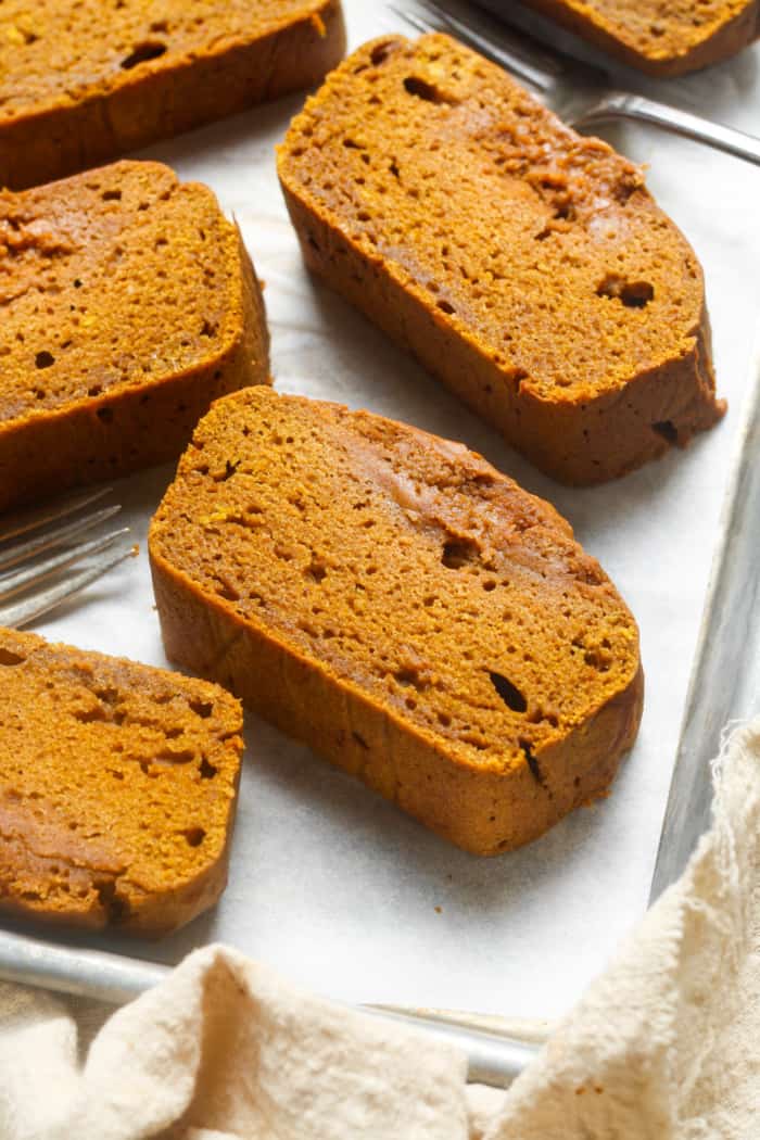 Thick slices of pumpkin bread.