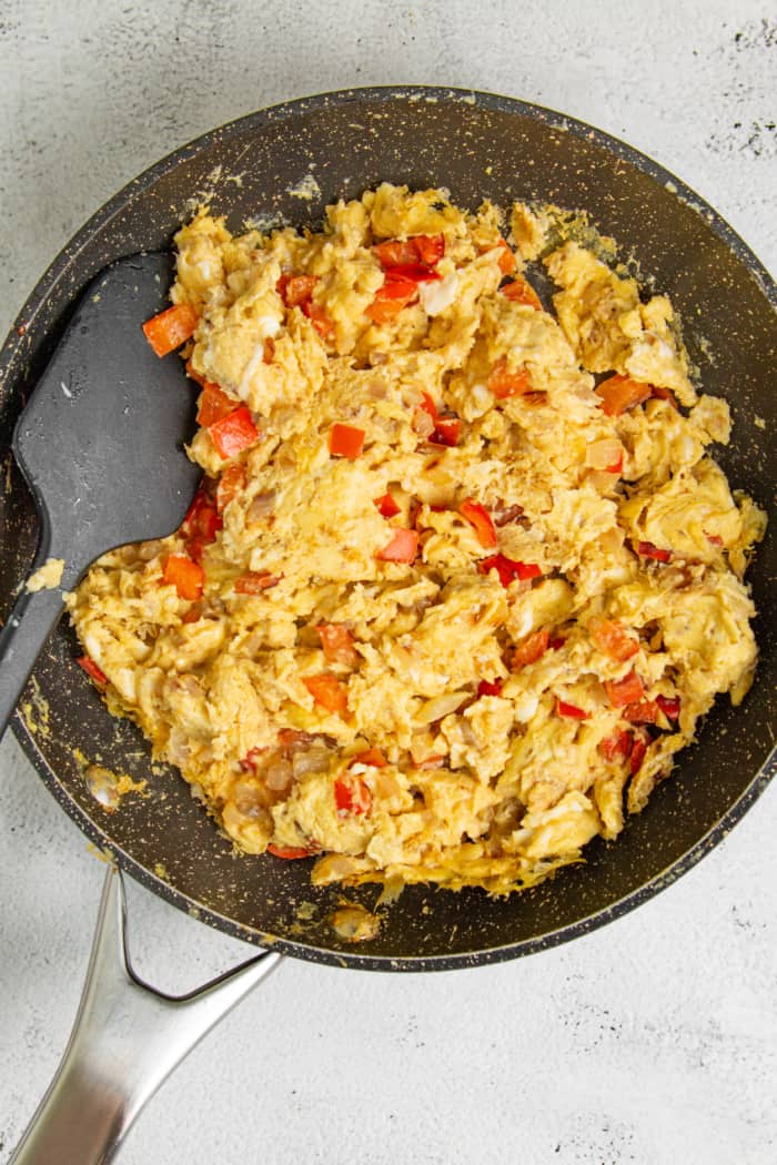 Scrambled eggs with peppers.