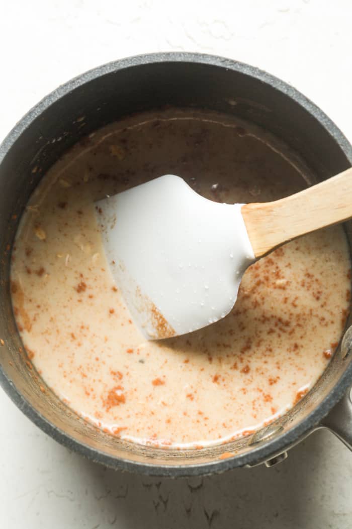 Creamy mixture in saucepan.