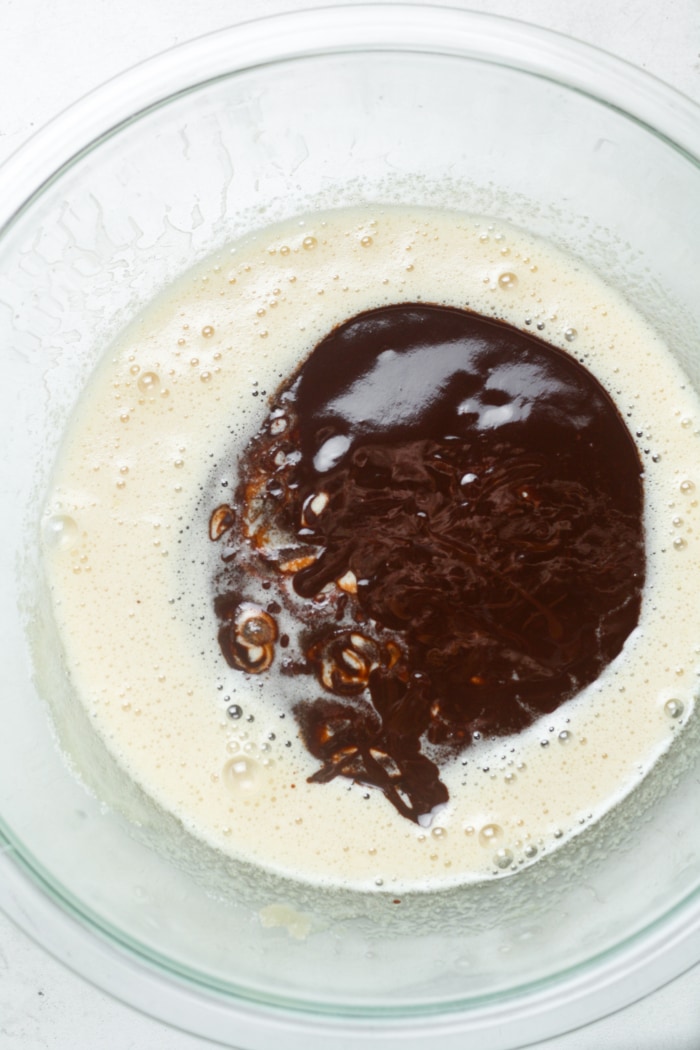 Melted chocolate and frothy eggs.