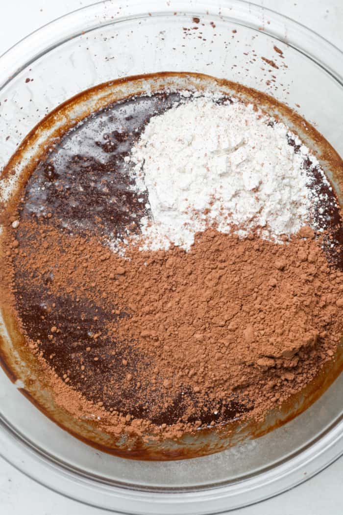 Cocoa powder and flour in bowl.