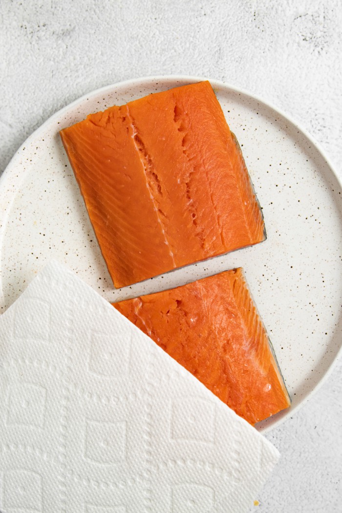 Salmon with paper towel.