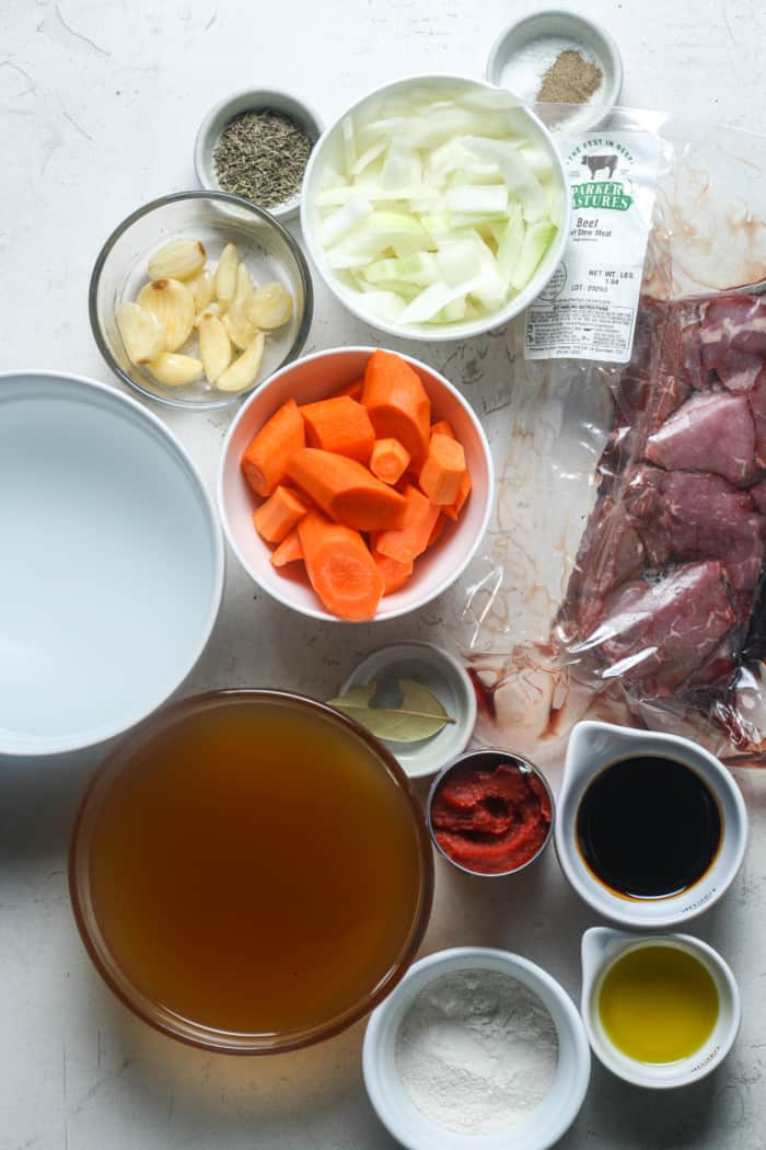 Ingredients for Dutch oven beef stew.