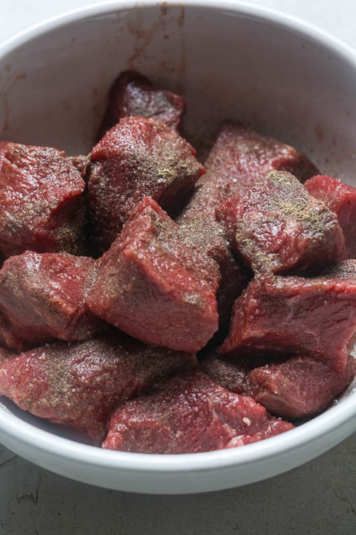 Chunks of beef stew meat.