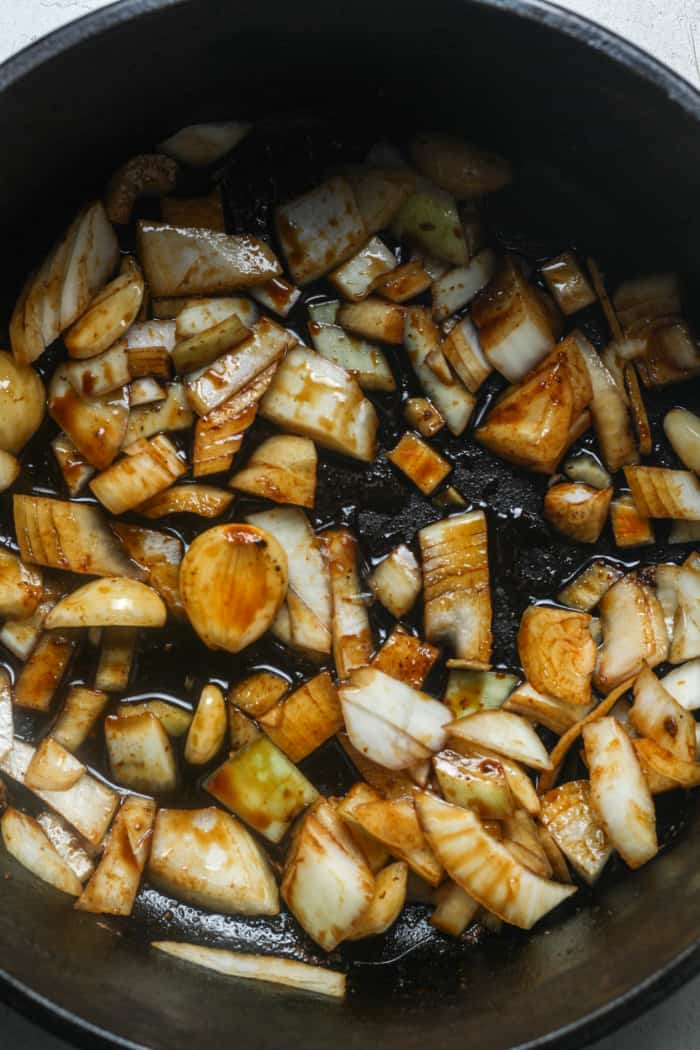 Onions and garlic in skillet.