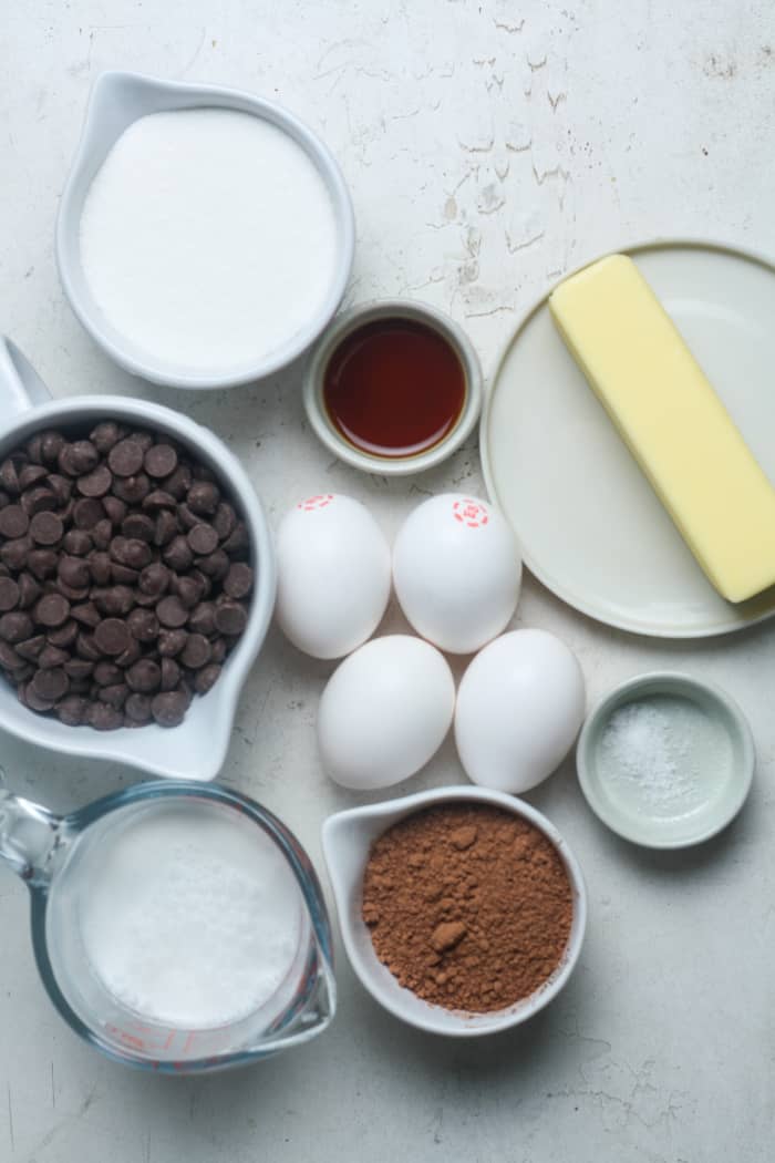 Ingredients for flourless chocolate torte.