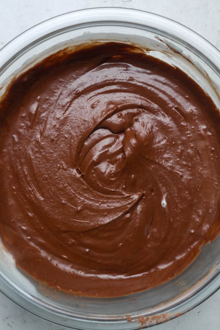 Thick chocolate batter in bowl.