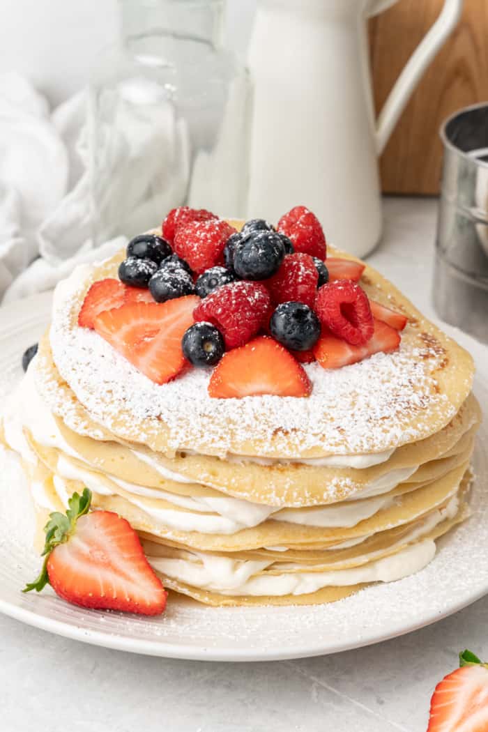 Crepe stack with whipped cream.