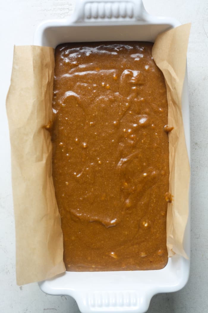 Gingerbread batter in pan.