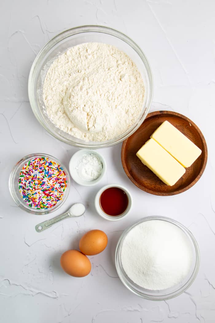 Ingredients for Funfetti cookies.