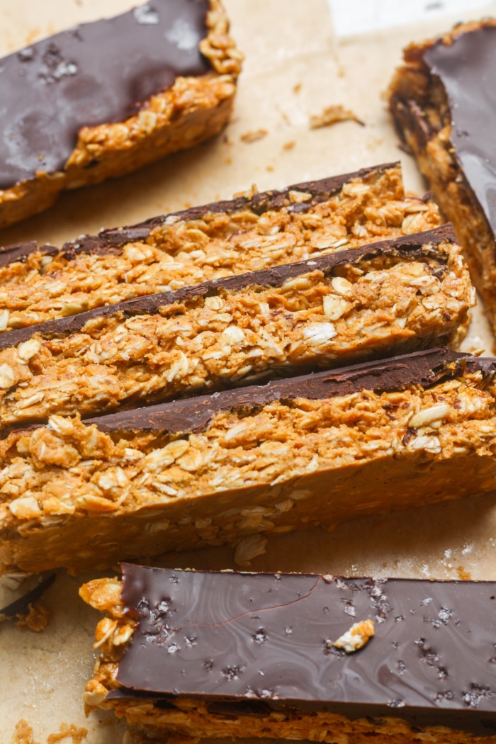 Close up of peanut butter protein bars.