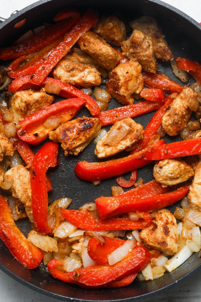 Peppers, onions, and chicken.