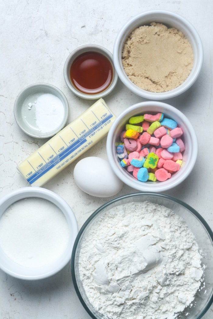 Ingredients for Lucky Charms cookies.