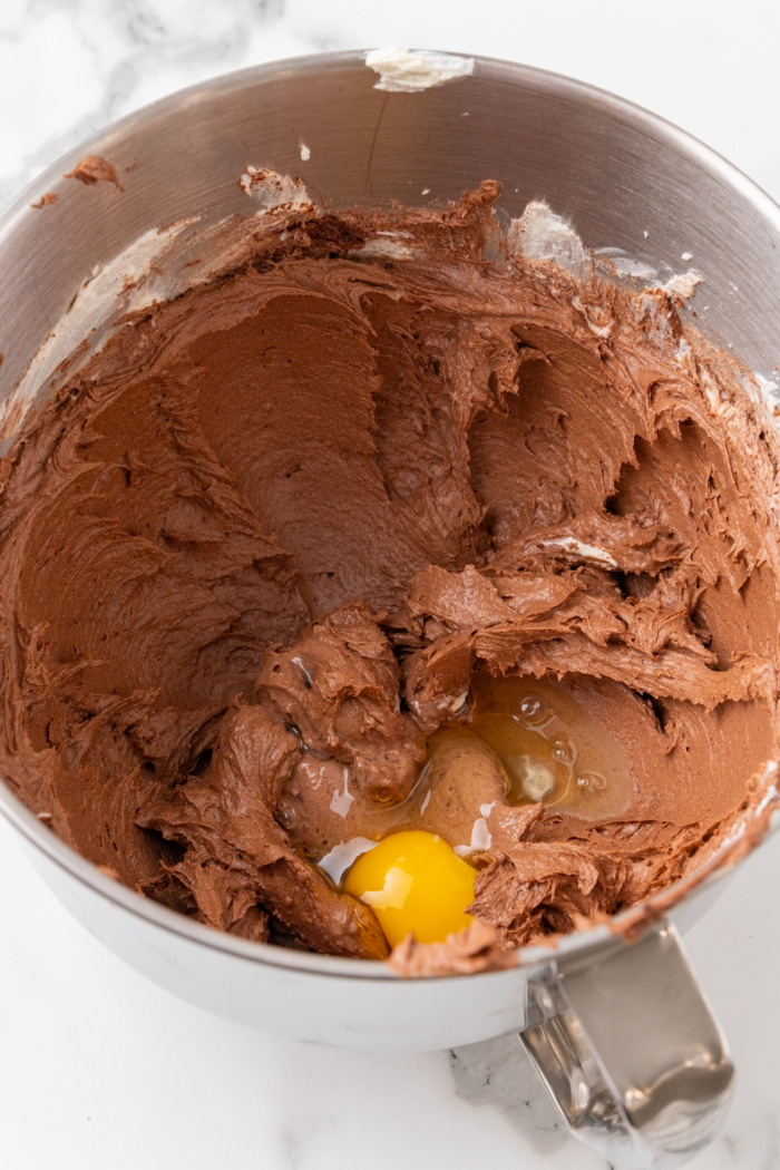 Chocolate batter with eggs.