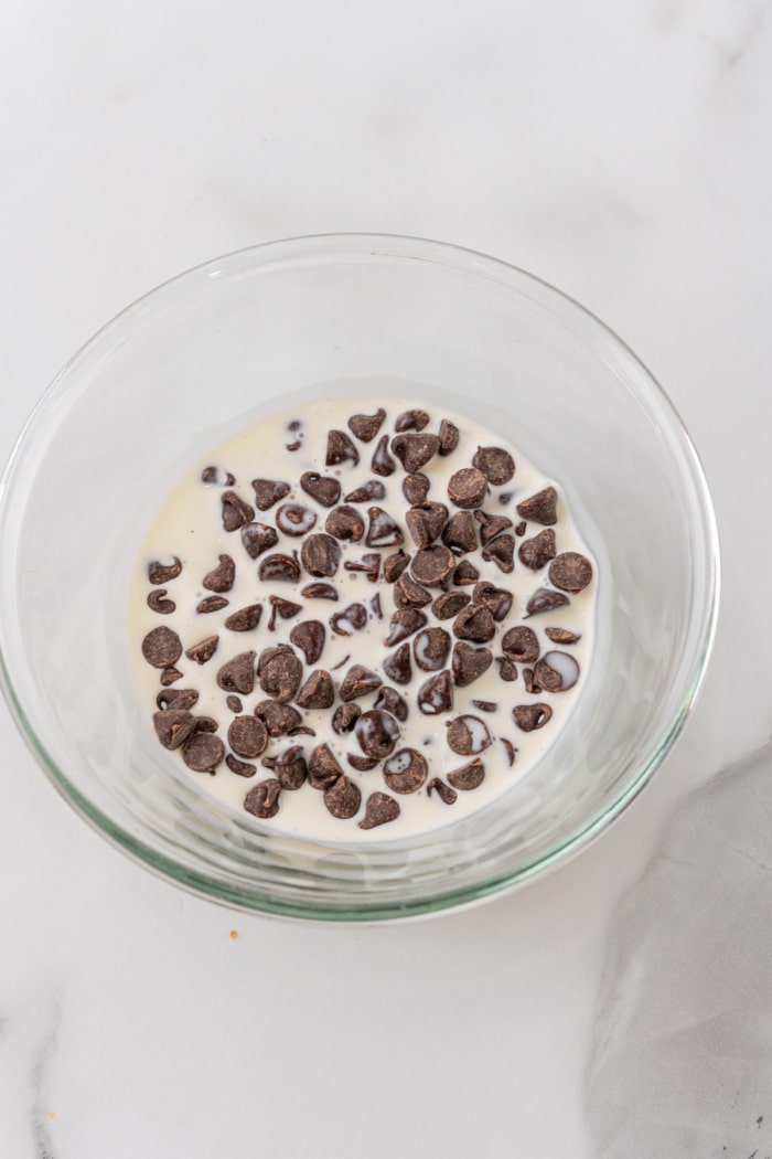 Chocolate chips and cream in bowl.