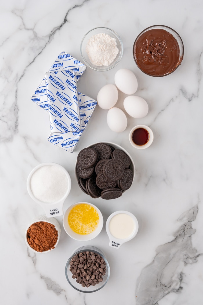 Ingredients for gluten free chocolate cheesecake.
