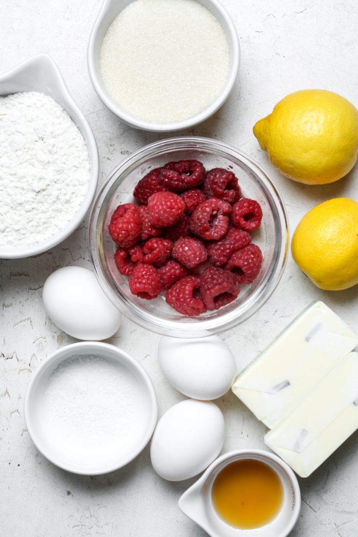 Ingredients for lemon raspberry bars.