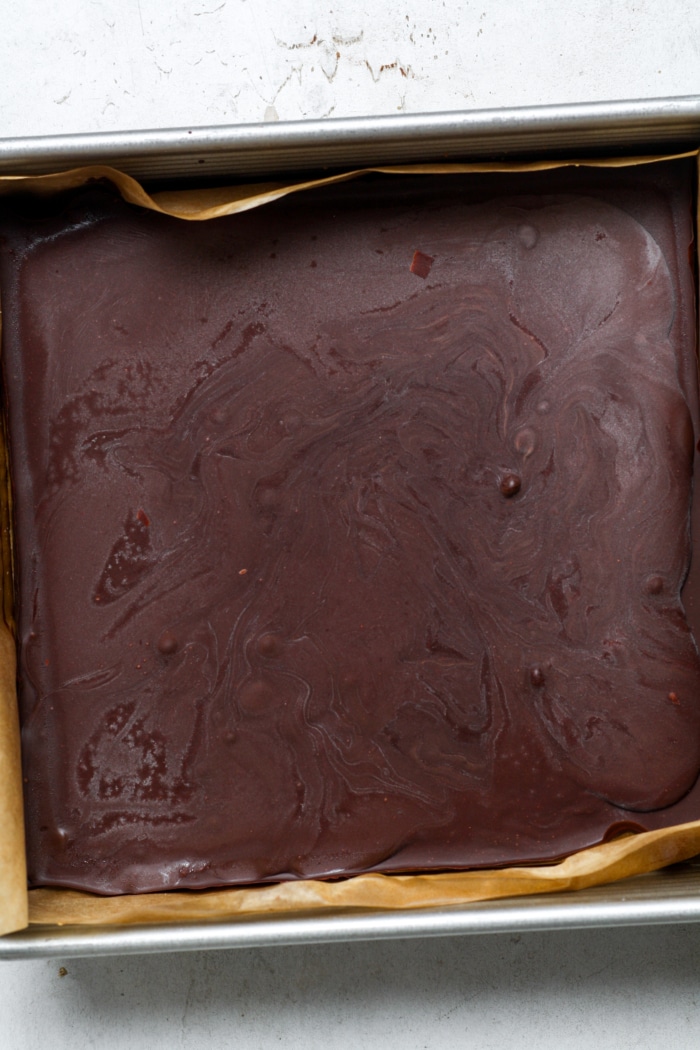 Hardened chocolate in pan.