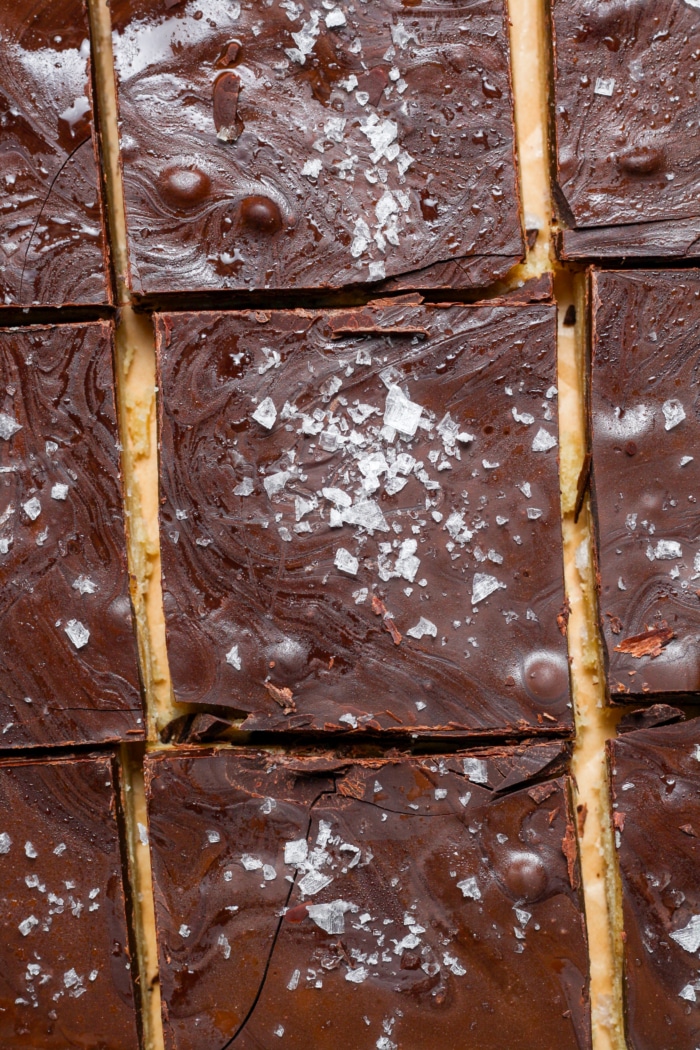 Sliced squares of chocolate bars.