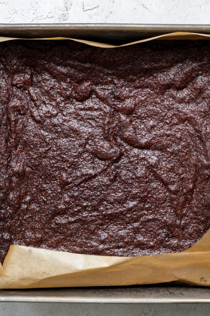Baked pan of brownies.