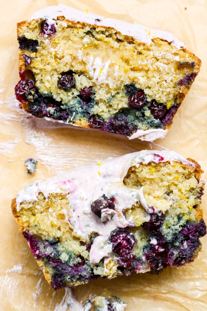 Pieces of lemon blueberry loaf.