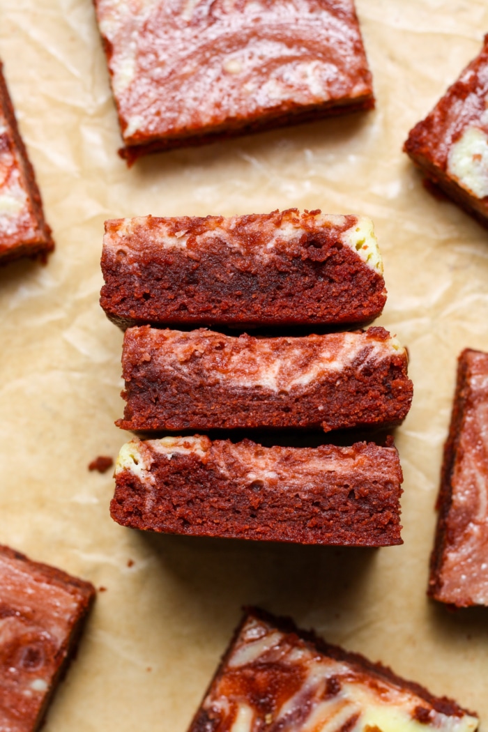 Close up of red velvet cheesecake bars.