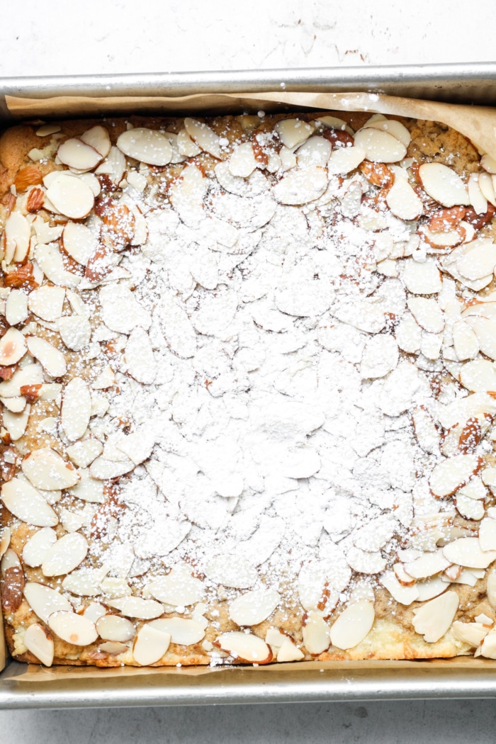 Powdered sugar with nuts.