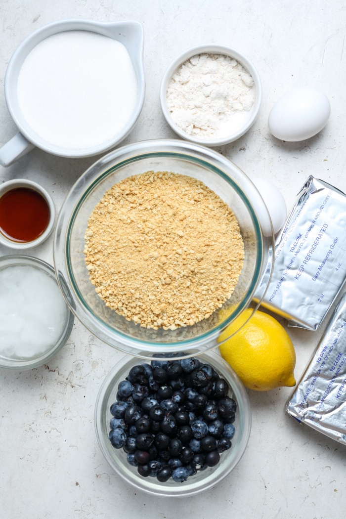 Ingredients for blueberry cheesecake bars.