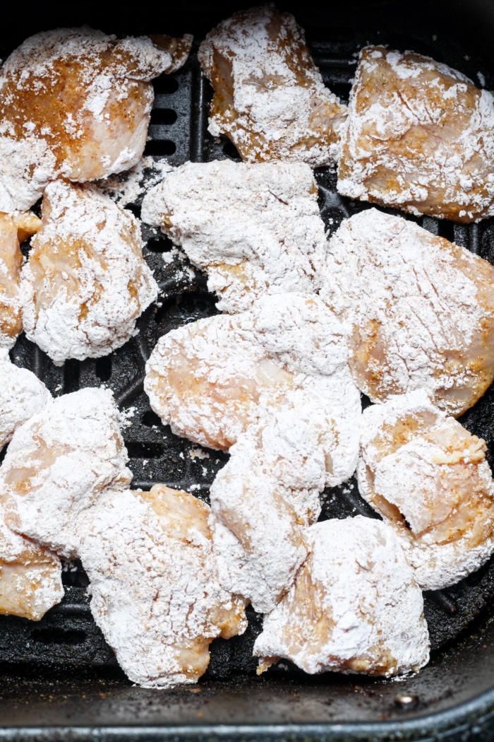 Coated nuggets in air fryer.