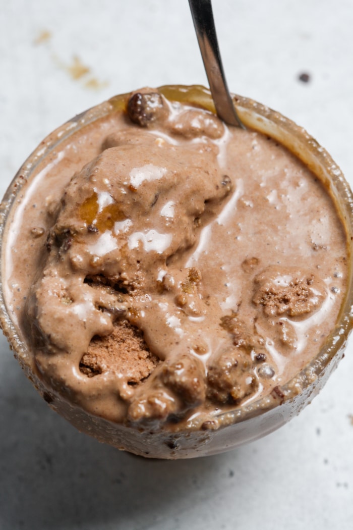 Melty chocolate ice cream with cookies.