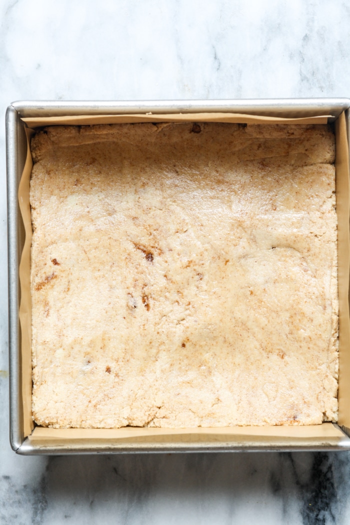 Square pan with crust.