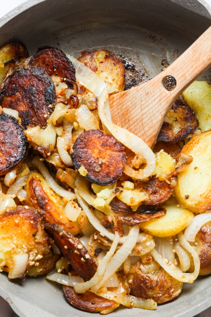 Charred onions with potatoes.