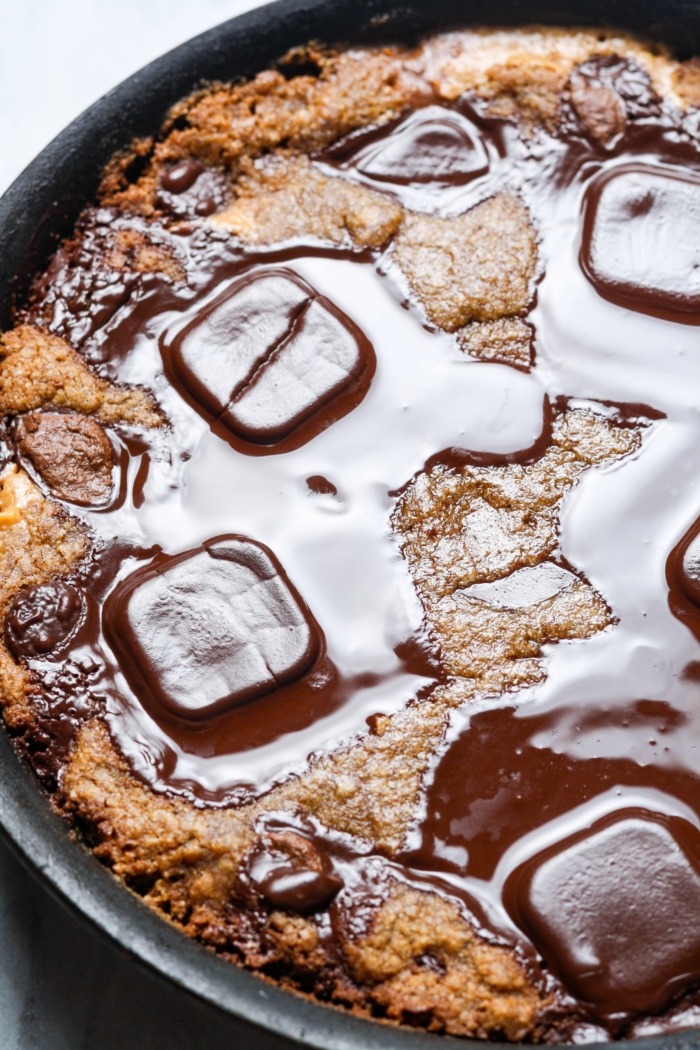 Melted chocolate in pan.