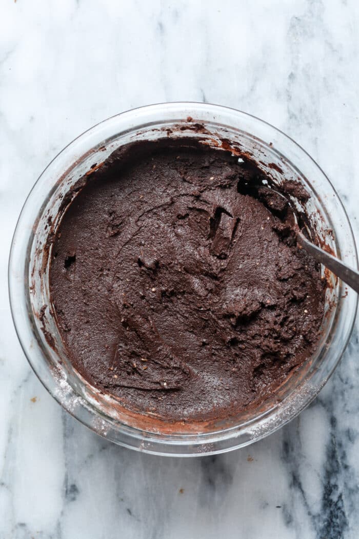 Glass bowl with protein batter.