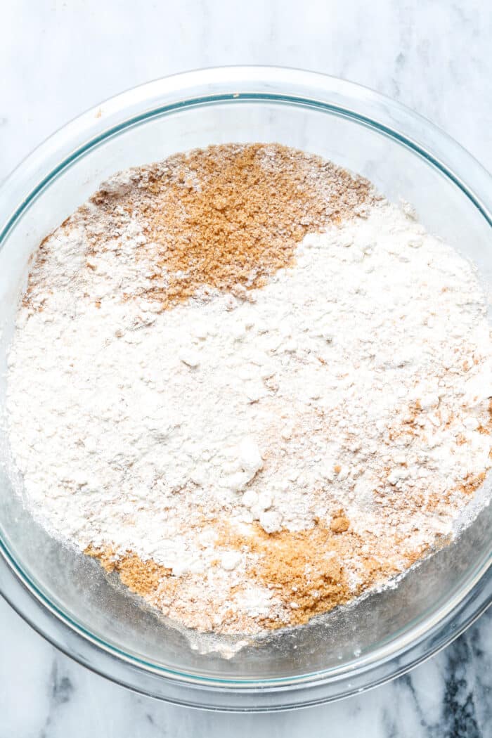 Glass bowl with dry ingredients.