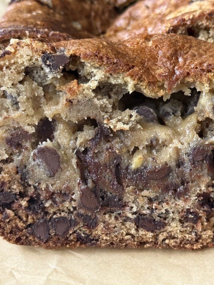 Close up of cookie dough banana bread.