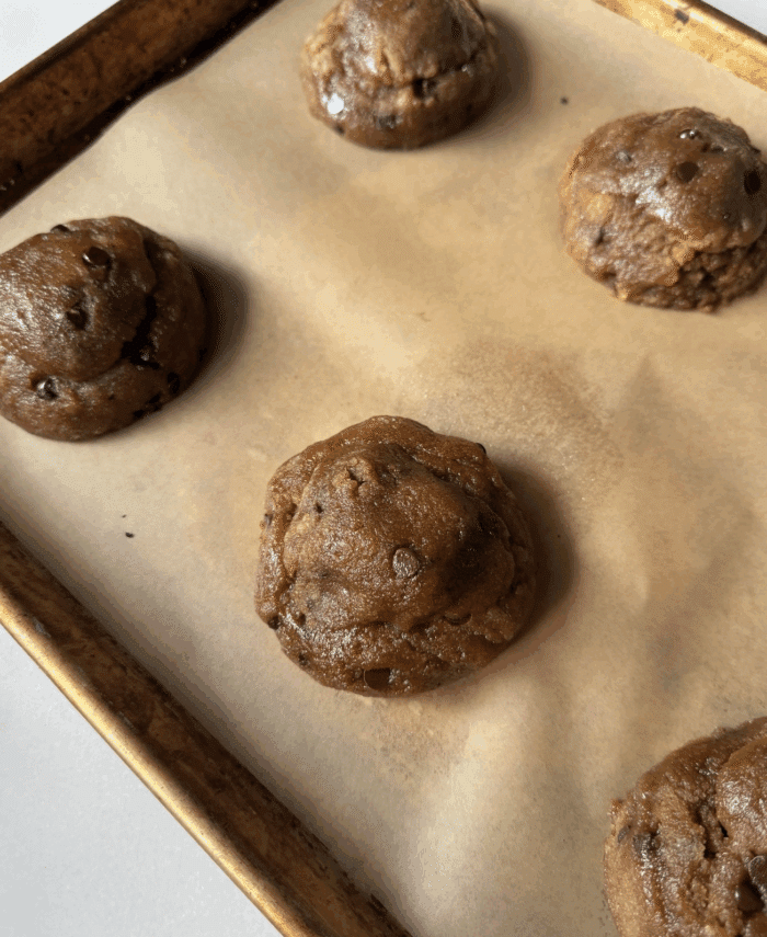 Pan with thick giant cookies.