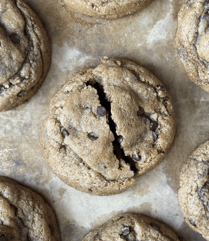 Brown apart chocolate chip cookie.