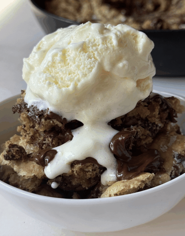 Cookie pie with ice cream.