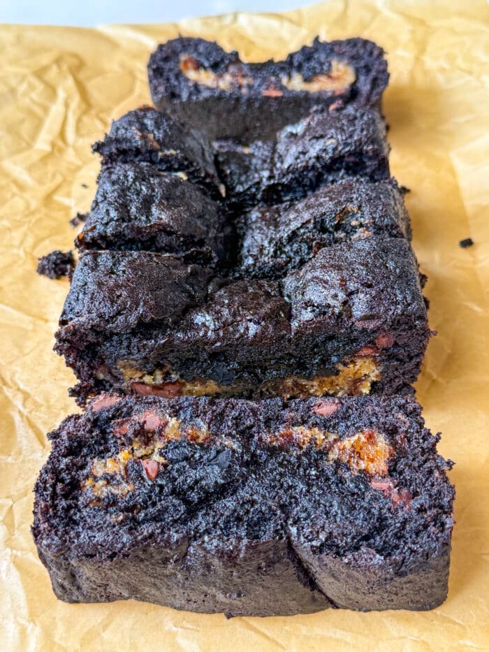 Sliced chocolate bread.