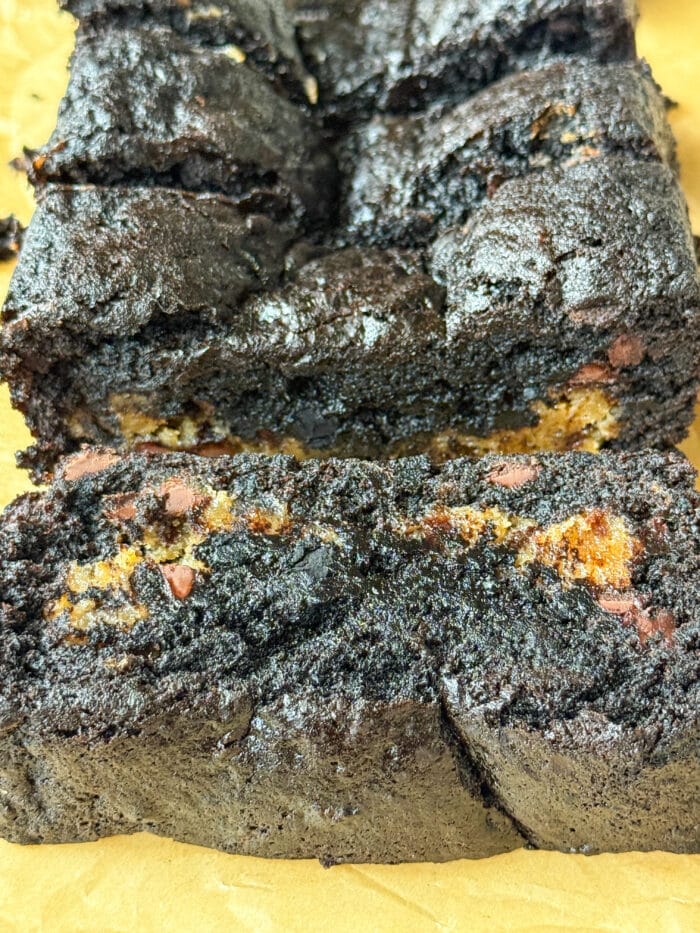 Up close of chocolate dough bread.