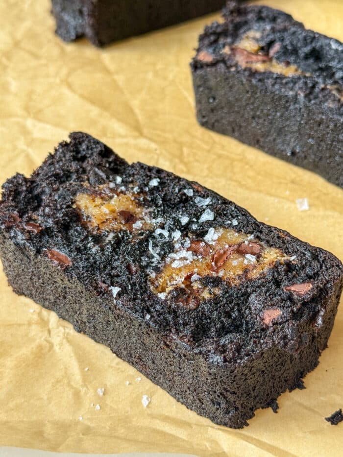 Flaky sea salt on loaf.