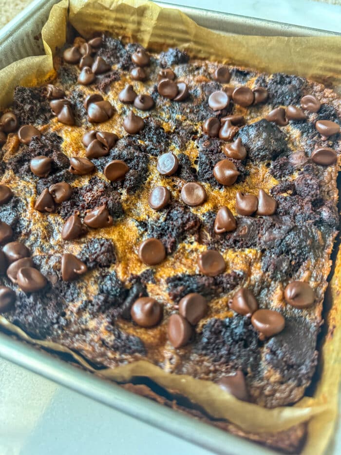 Pudding with chocolate chips.