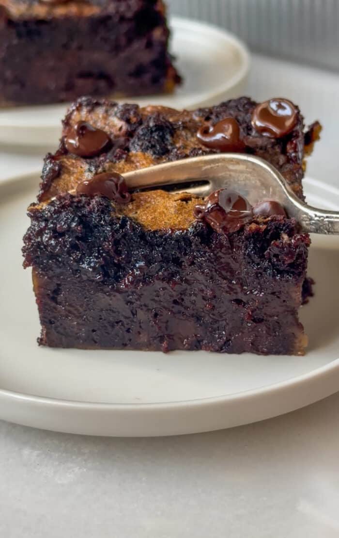 Fork with chocolate bread pudding.