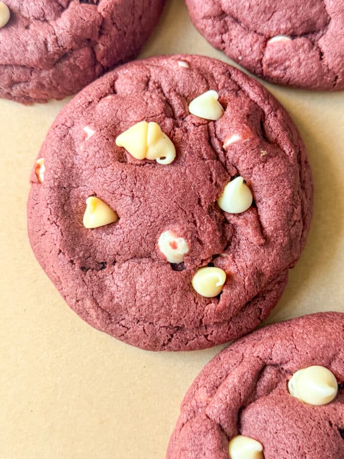 White chocolate chip red cookies.