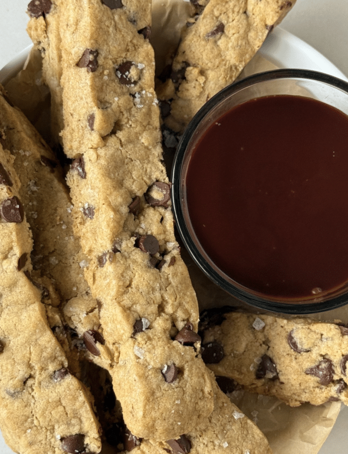 Cookie fries with hot fudge.