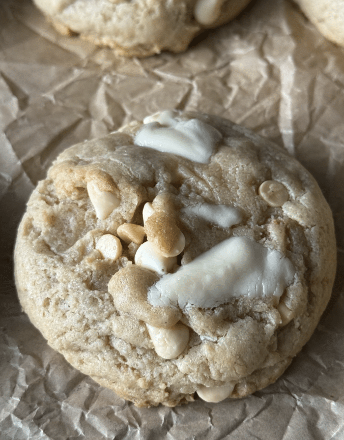 Close up of white chocolate cookies.