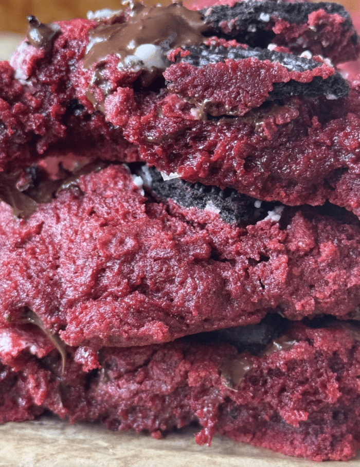 Close up of red velvet cookies.
