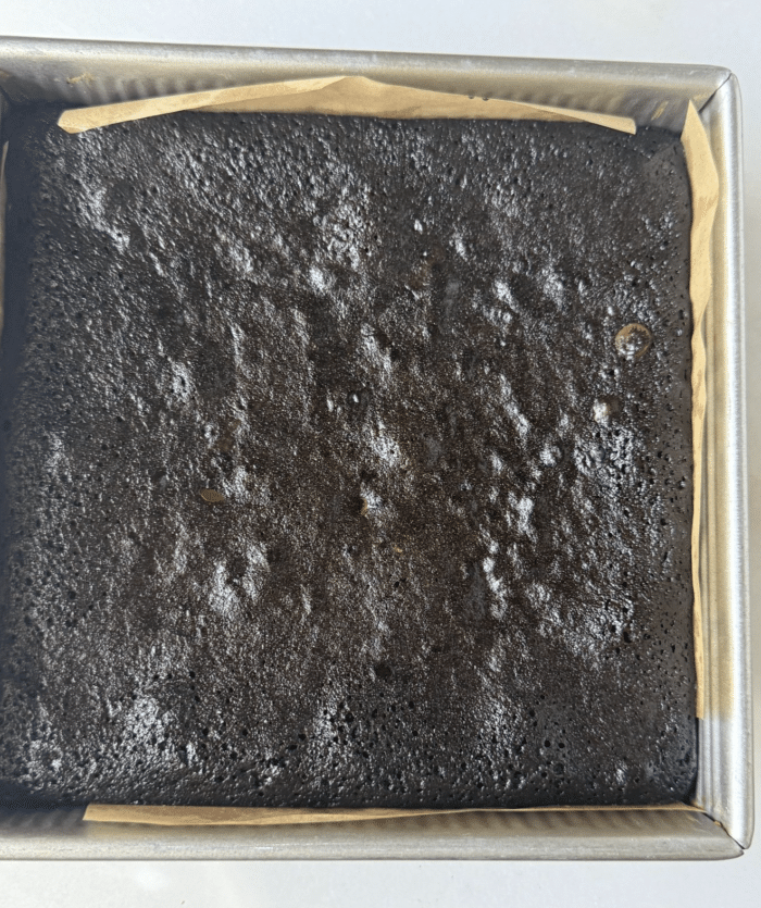 Baked brownie in pan.