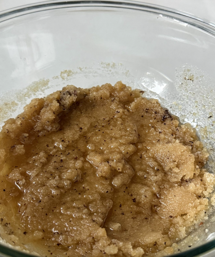 Buttery dough in glass bowl.